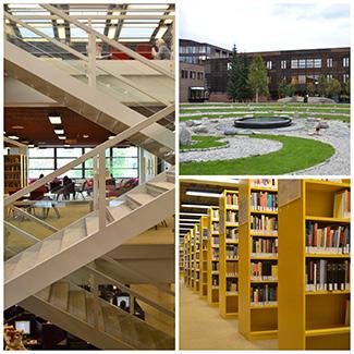 Collage of different pictures of the in- and outside of the library