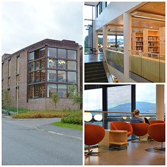 Kollage med Psykologi- og jusbiblioteket av fasade og innvendig