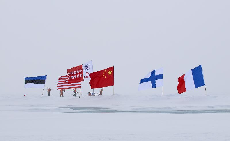Flagg fra ulike nasjoner i snøen.