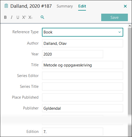 Utfylling av felter i EndNote: Bok med én forfatter APA 7