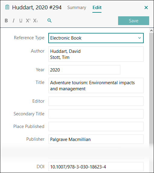 Utfylling av felter i EndNote: E-bok med DOI APA 7