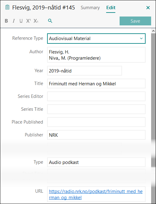 Utfylling av felter i EndNote: Podkast APA 7