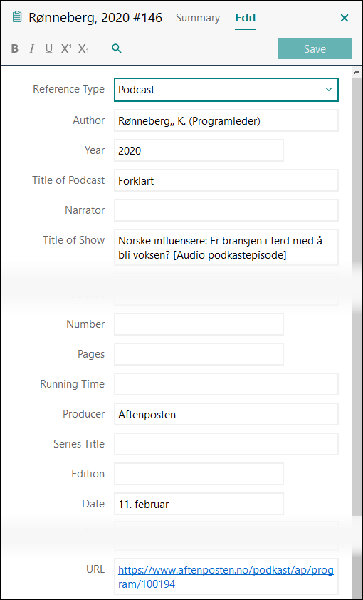 Utfylling av felter i EndNote: Podkastepisode APA 7