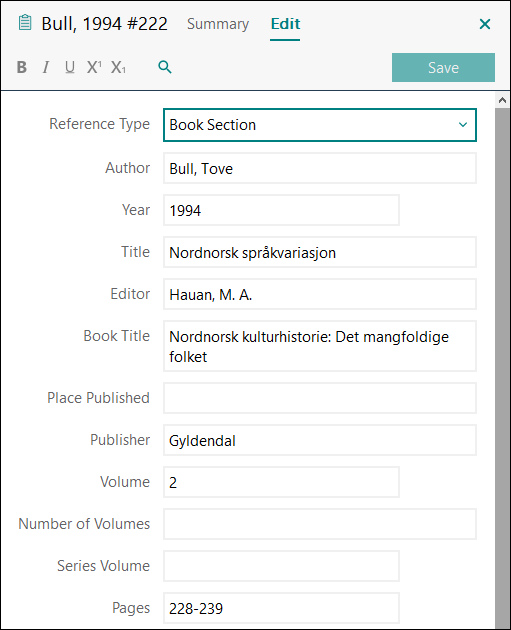 Utfylling av felter i EndNote: Kapittel i enkeltbind med redaktør(er) APA 7