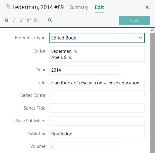Utfylling av felter i EndNote: Enkeltbind i flerbindsverk uten egen tittel APA 7