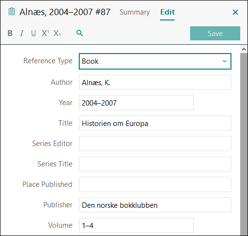 Utfylling av felter i EndNote: Helt flerbindsverk APA 7