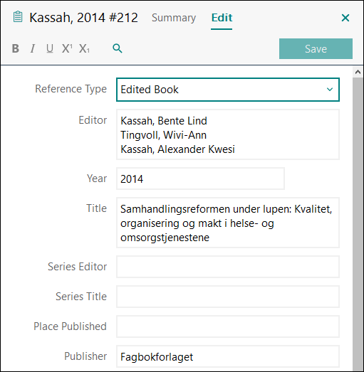 Utfylling av felter i EndNote: Bok med redaktør APA 7
