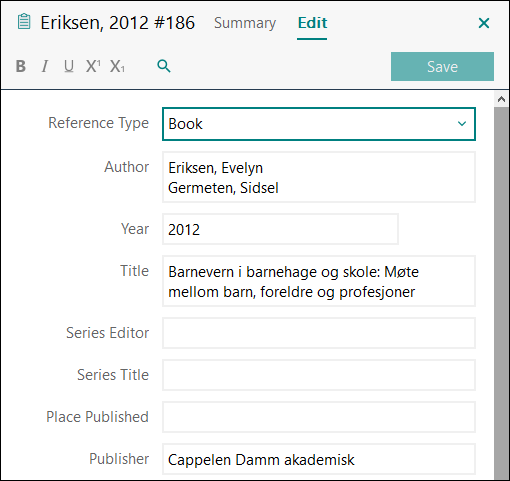 Utfylling av felter i EndNote: Bok med to forfattere APA 7