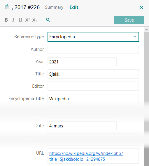 Utfylling av felter i EndNote: Artikkel i oppslagsverk fra internett uten forfatter APA 7