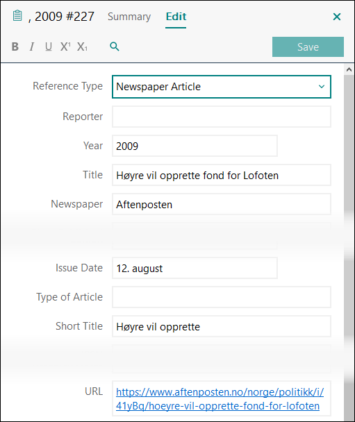 Utfylling av felter i EndNote: Avisartikkel uten forfatter eller journalist APA 7