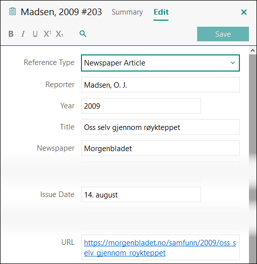 Utfylling av felter i EndNote: Avisartikkel fra internett APA 7