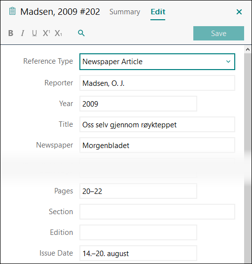 Utfylling av felter i EndNote: Avisartikkel i trykt avis APA 7