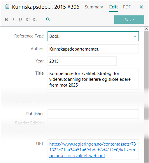 Utfylling av felter i EndNote: Bok med organisasjon eller institusjon som forfatter APA 7