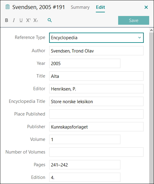 Utfylling av felter i EndNote: Artikkel i trykt oppslagsverk med forfatter APA 7