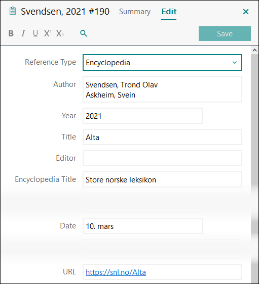 Utfylling av felter i EndNote: Artikkel i oppslagverk med forfatter fra internett APA 7