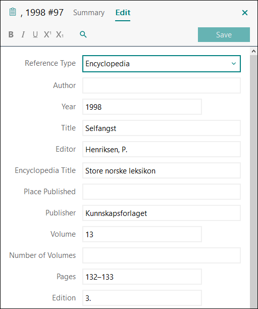Utfylling av felter i EndNote: Artikkel i trykt oppslagsverk uten forfatter APA 7