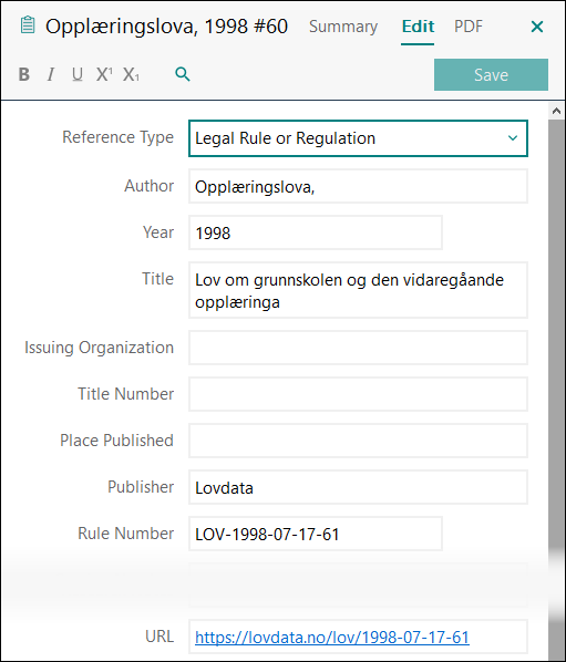 Utfylling av felter i EndNote: Lover APA 7