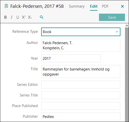 Utfylling av felter i EndNote: Rammeplan bokutgivelse fra Pedlex APA 7