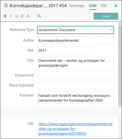 Utfylling av felter i EndNote: Læreplaner - Overordnet del APA 7