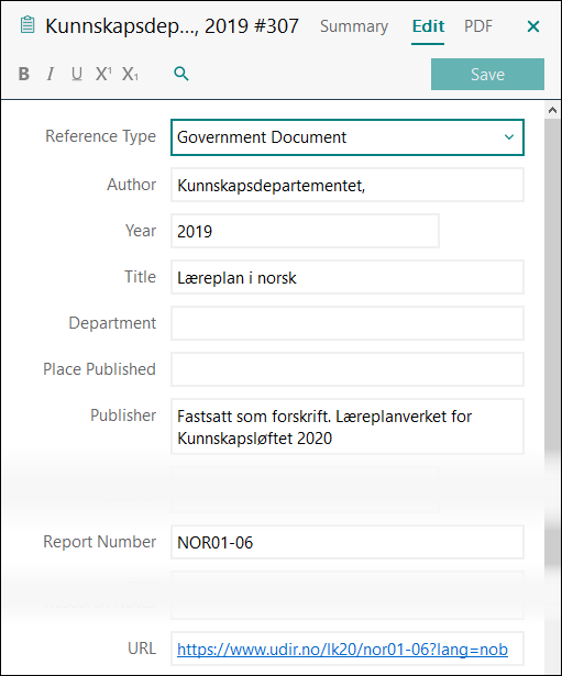 Utfylling av felter i EndNote: Læreplaner - Kunnskapsdepartementet APA 7
