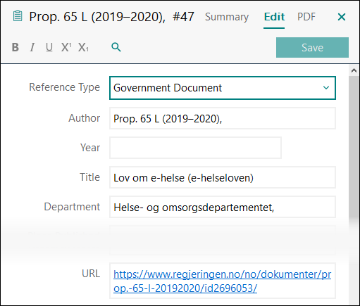 Utfylling av felter i EndNote: Proposisjon til Stortinget APA 7
