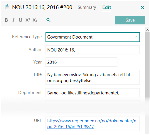 Utfylling av felter i EndNote: NOU nett APA 7