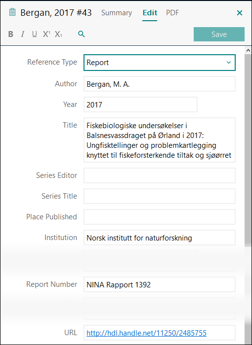 Utfylling av felter i EndNote: Rapport APA 7