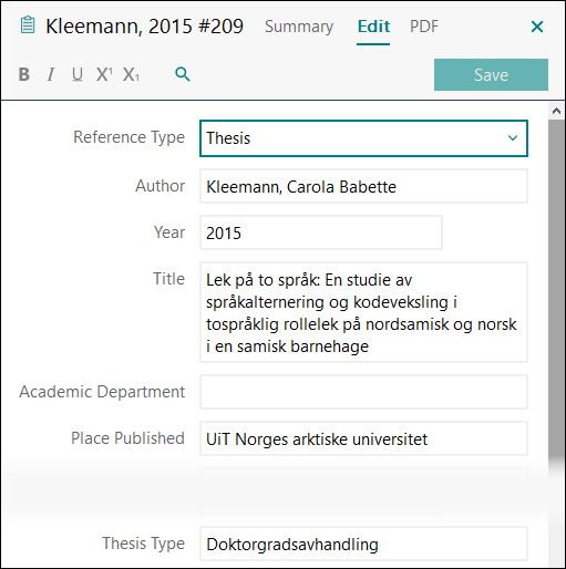 Utfylling av felter i EndNote: Doktorgradsavhandling eller masteroppgave trykt APA 7