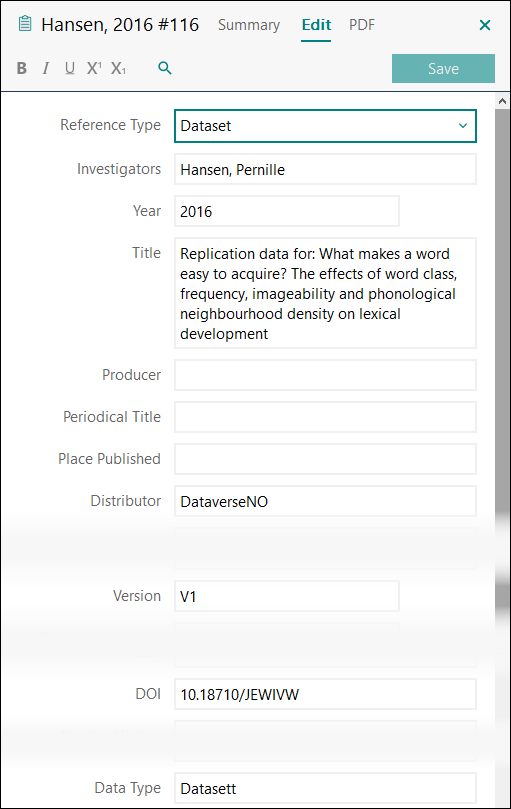 Utfylling av felter i EndNote: Datasett APA 7