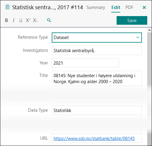 Utfylling av felter i EndNote: Statistikk fra statistikkbanken APA 7