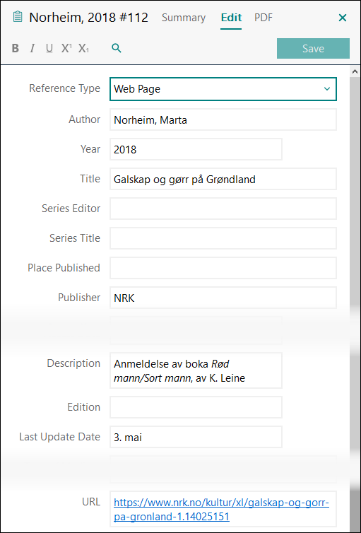 Utfylling av felter i EndNote: Bokanmeldelse på internett APA 7