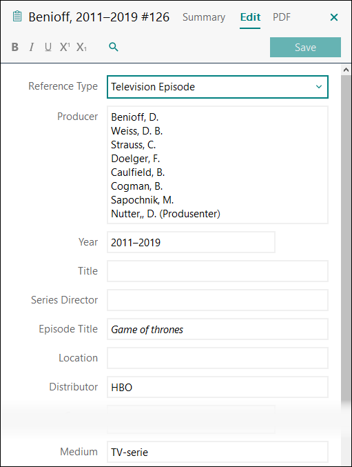 Utfylling av felter i EndNote: TV-serie fra strømmetjeneste APA 7
