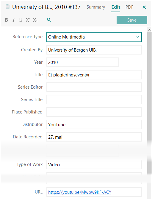 Utfylling av felter i EndNote: Video på YouTube (uten brukernavn) APA 7