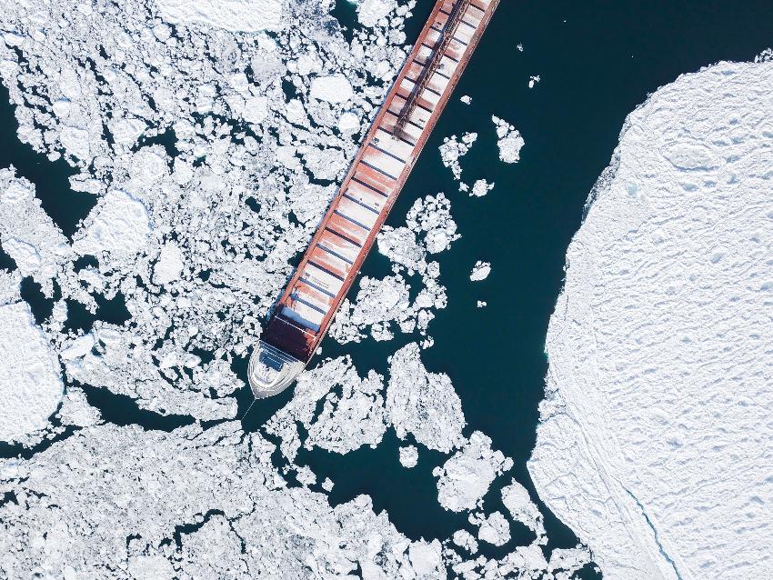 A ship seen from above in the sea ice