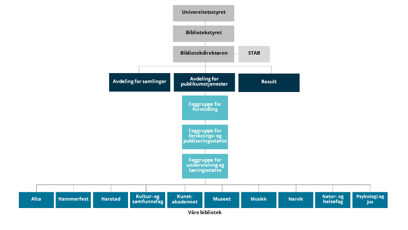 Organisasjonskart som viser avdelingene på Universitetsbiblioteket.