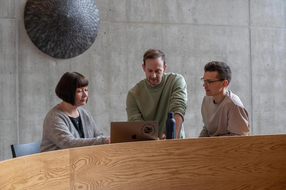 Kolleger jobber sammen p&aring; en laptop 