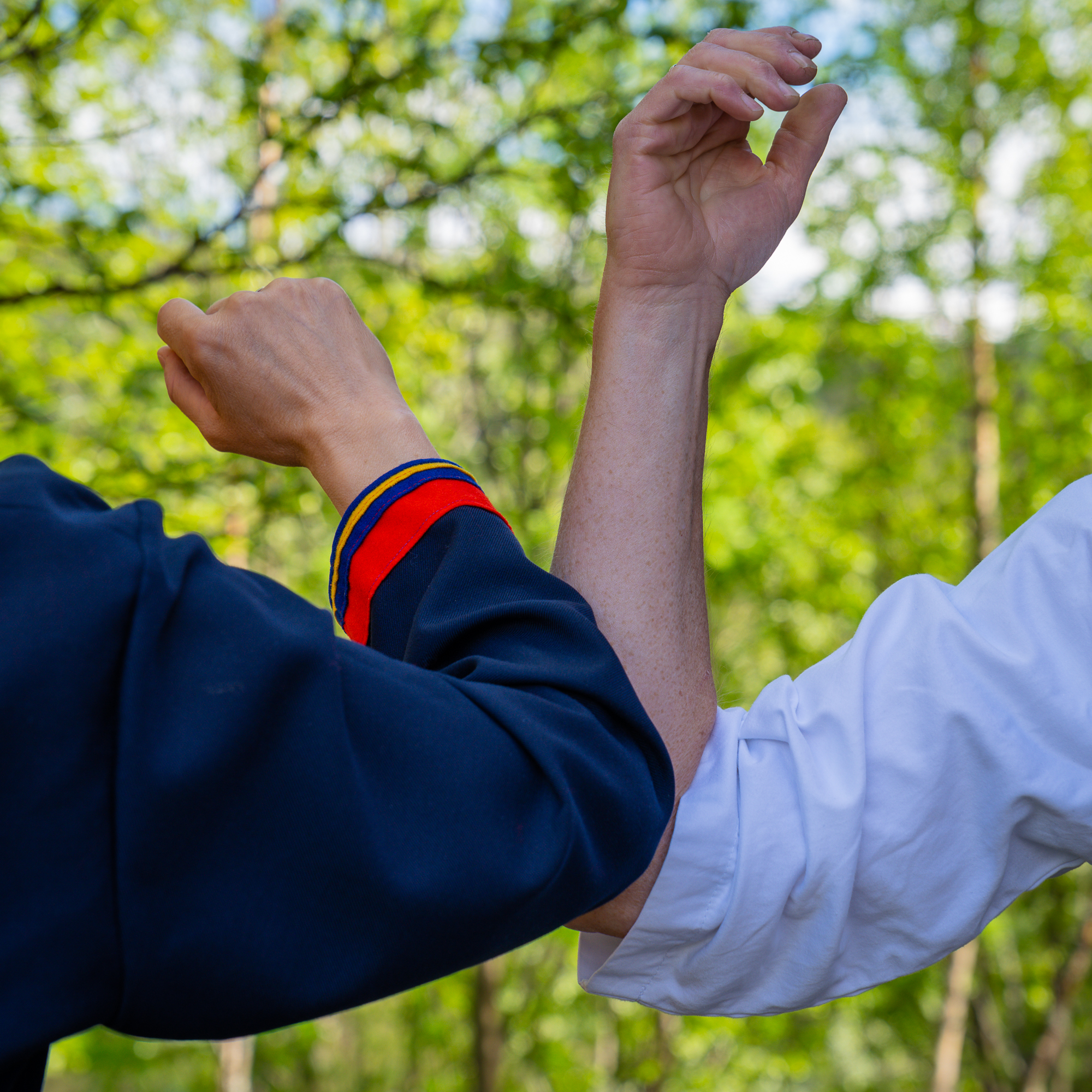 A person in Sami clothing doing an elbow greeting with a person in a labcoat