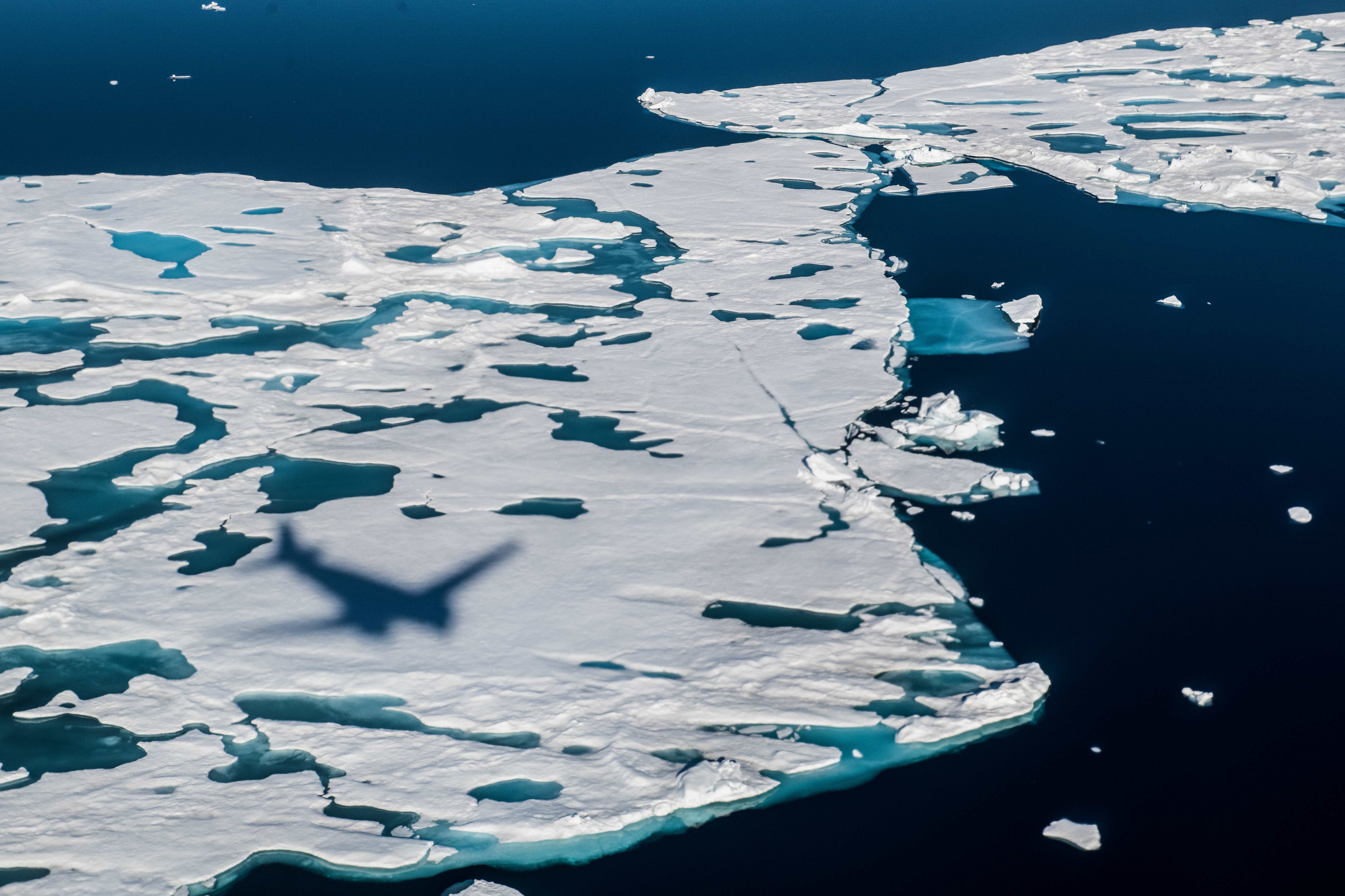 Melt ponds on Arctic sea ice photographed during the Alfred Wegener Institute’s airborne sea ice monitoring program called IceBird.