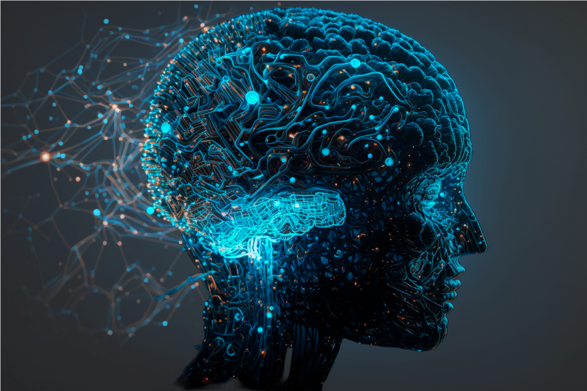 Illustrasjonsbilete av eit menneskehode danna av data og nevronar og partiklar.