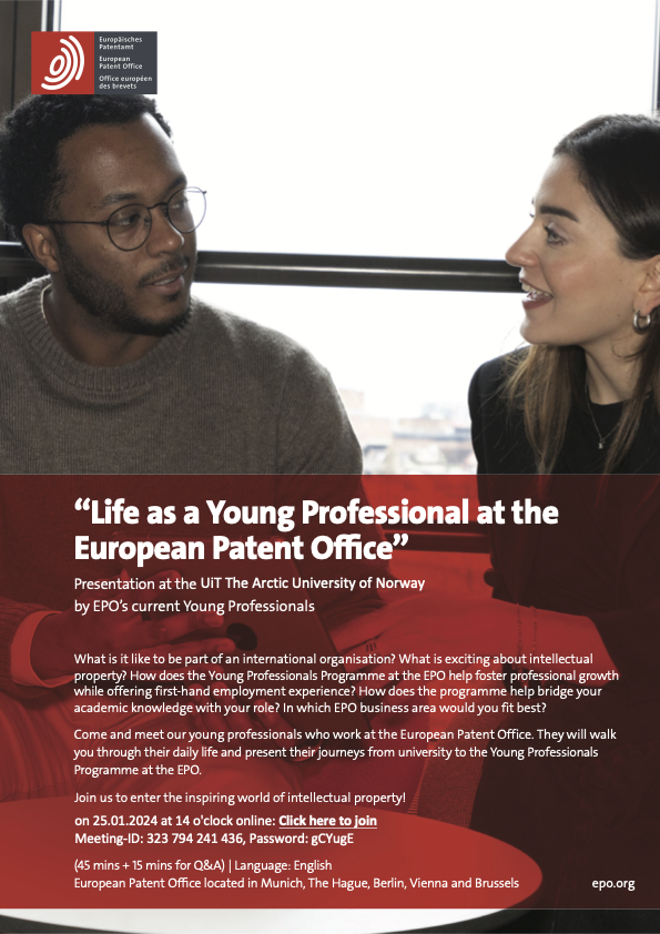 Illustrasjons-/bannerbilde for Webinar om traineeship ved det Europeiske patentkontoret for UiT-studenter