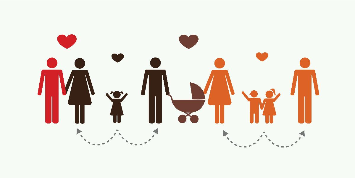A digital drawing illustrating a complex modern family constellation.