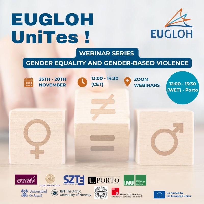 Illustrasjons-/bannerbilde for EUGLOH UniTes! Webinarer om likestilling og kjønnsbasert vold / EUGLOH UniTes! Webinar series on gender equality and gender-based violence