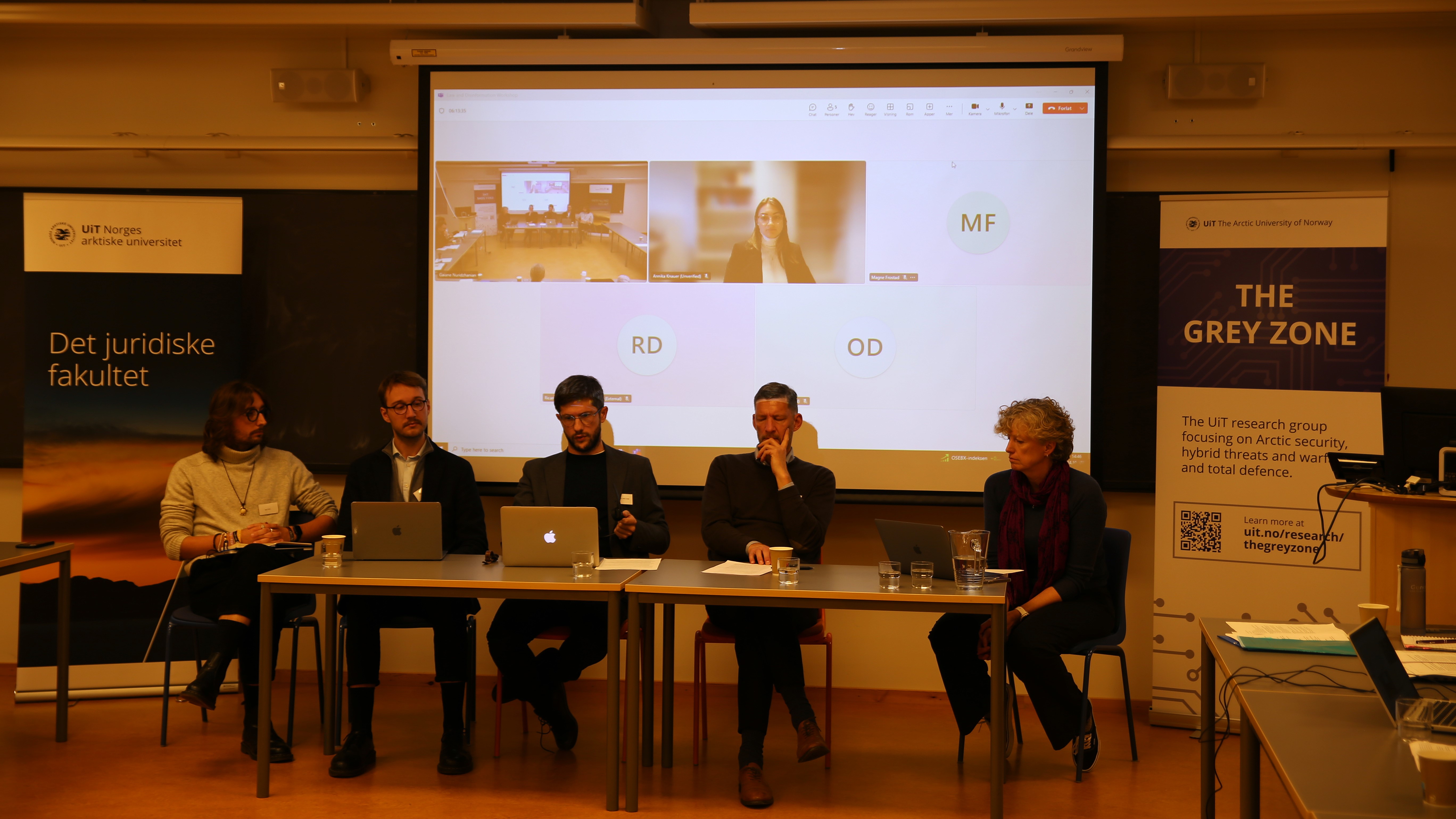 Professor Gunhild Hoogensen Gjørv (moderator), Pontus Winther, Miguel João Costa, Nikolas Sabján and Igor Hron is sitting in front of the room in panel number three of the workshop