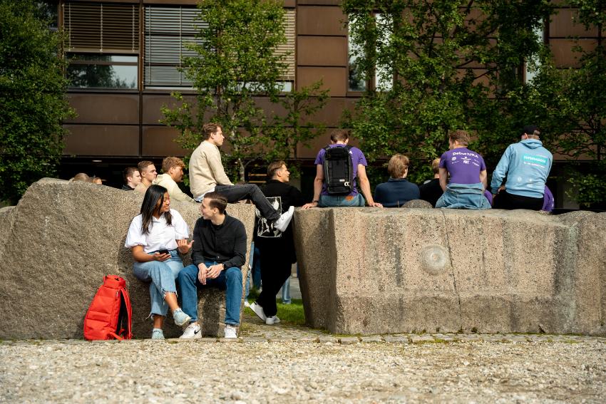 Unge mennesker sitter på to store steiner. 