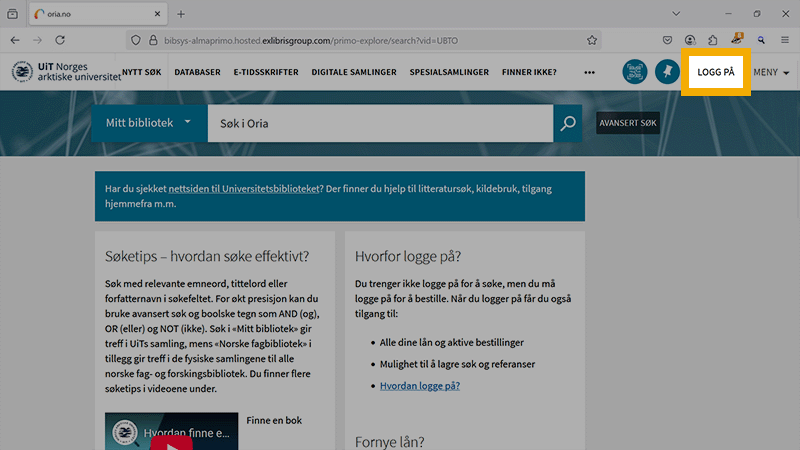 Skjermbilde med login-knapp i hjørne