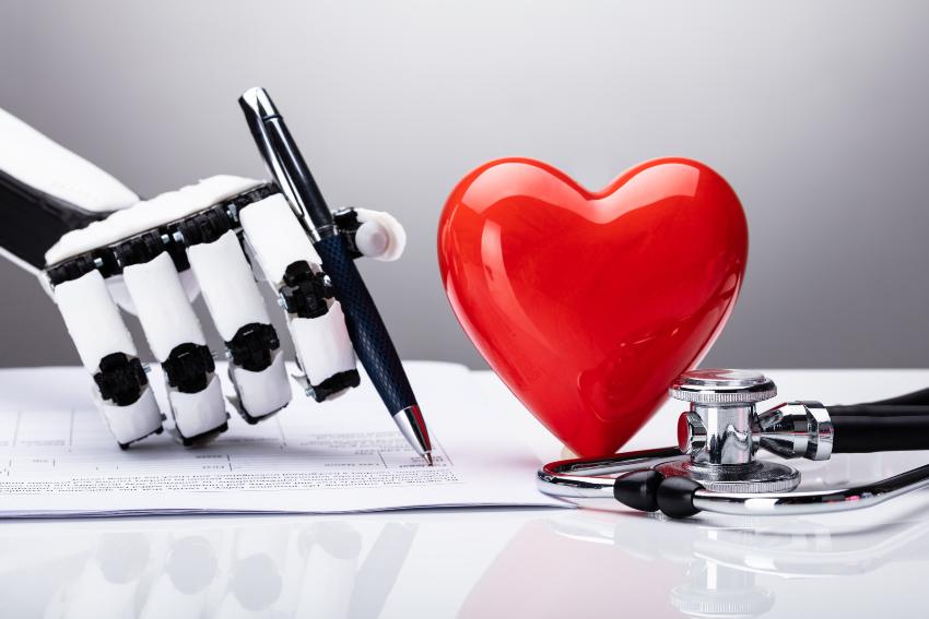 An AI robot writing a medical report. There is a heart on its left side