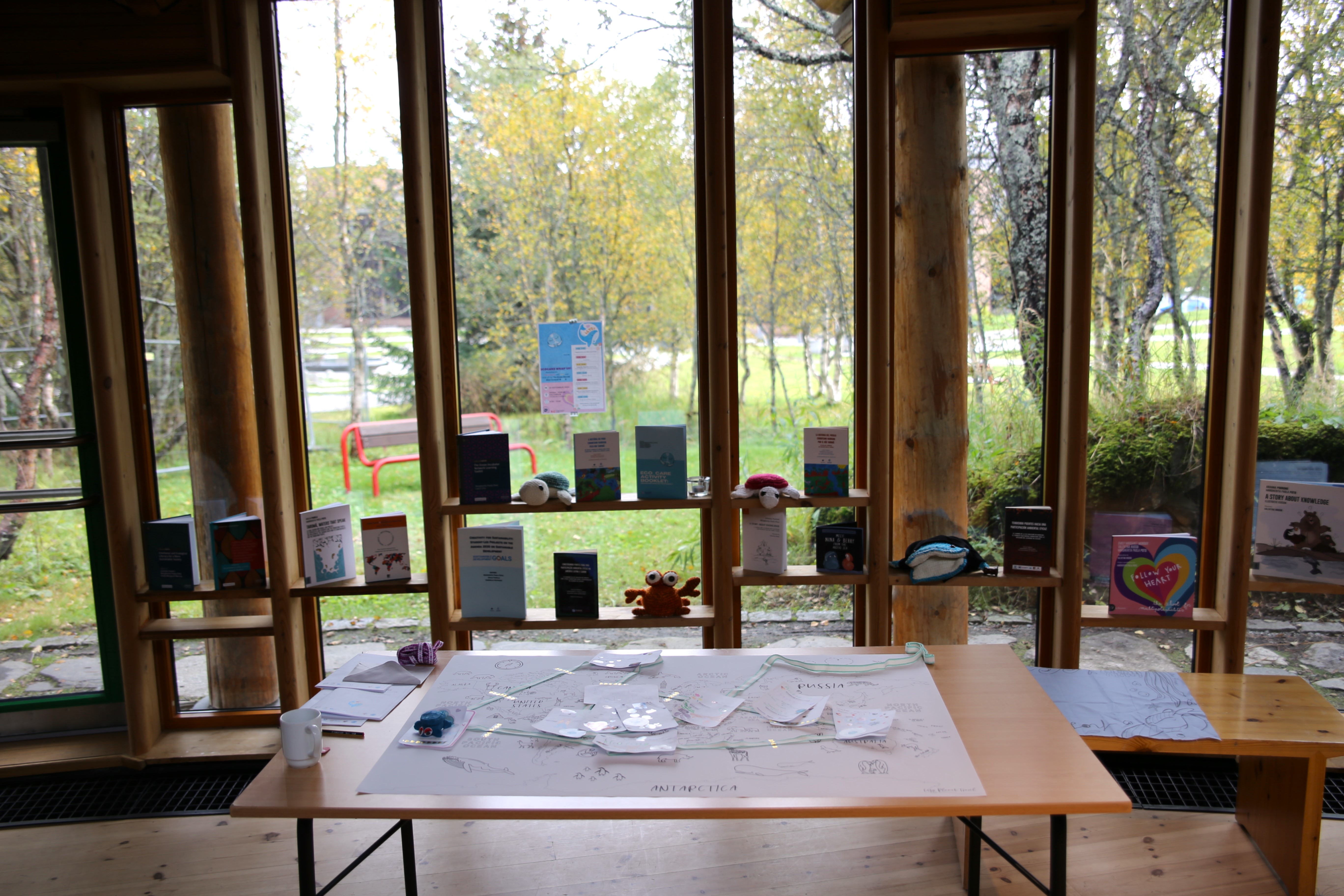 material for workshop on display in front of windows and on table
