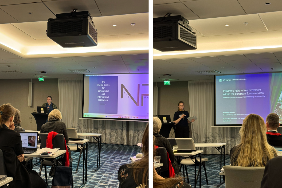 venstre bilde viser kvinne som holder mikrofon og snakker til publikum, bildet til h&oslash;yre viser det samme men en annen kvinne