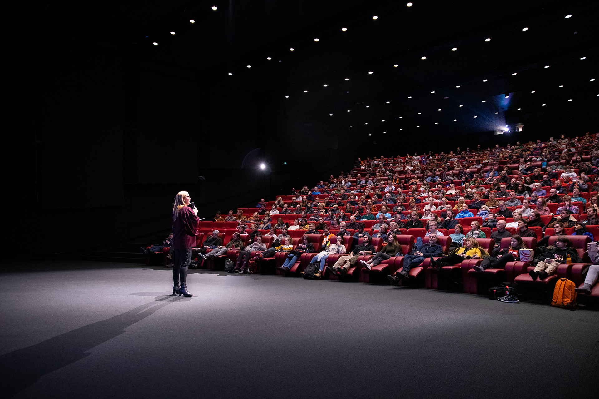 Jøran-Lynum-DSC02341-iHuman-Joran-Lynum.jpg Kvinne taler til kinopublikum.