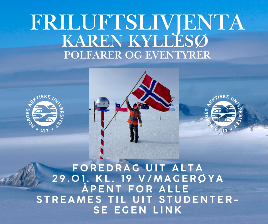Illustrasjons-/bannerbilde for Foredrag med friluftsjenta Karen Kylles&oslash; - streames og fysisk p&aring; campus v/ auditorium Mager&oslash;ya
